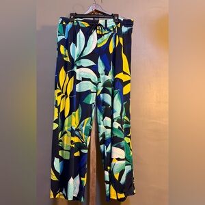 Zac & Rachel Navy Tropical Wide-Leg Pants with Green & Yellow Leaf Print